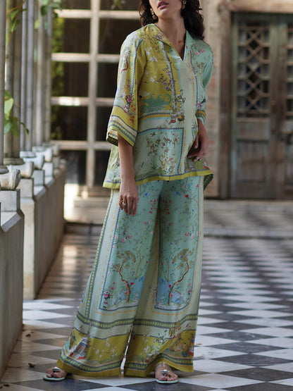 Casual Unique Digital Print Loose Elastic Waist Pocket Wide Leg Pants