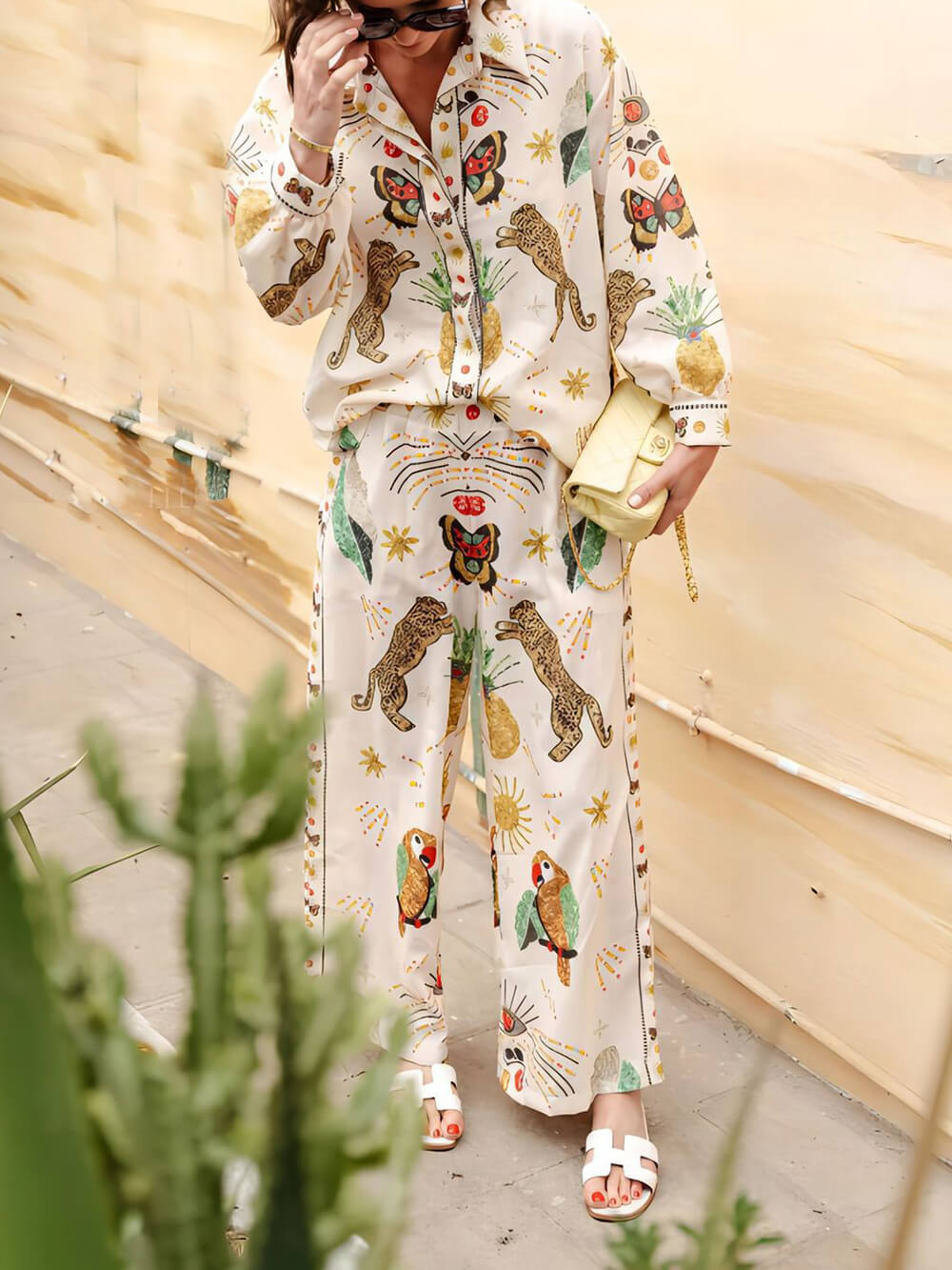 Fashionable Tiger Print Linen Loose Button-Up Shirt