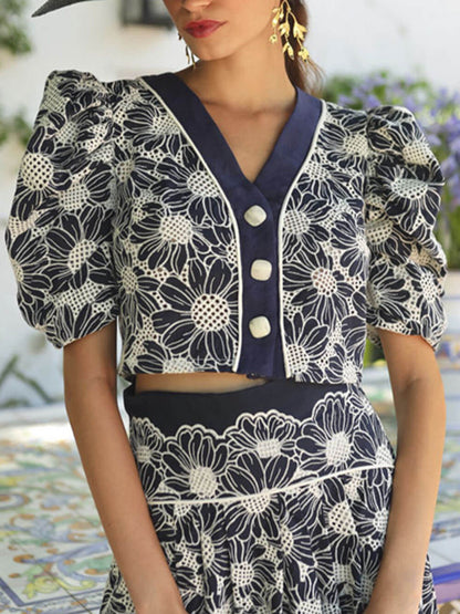 Retro Floral Print High-Waisted Pocket A-line Midi Skirt
