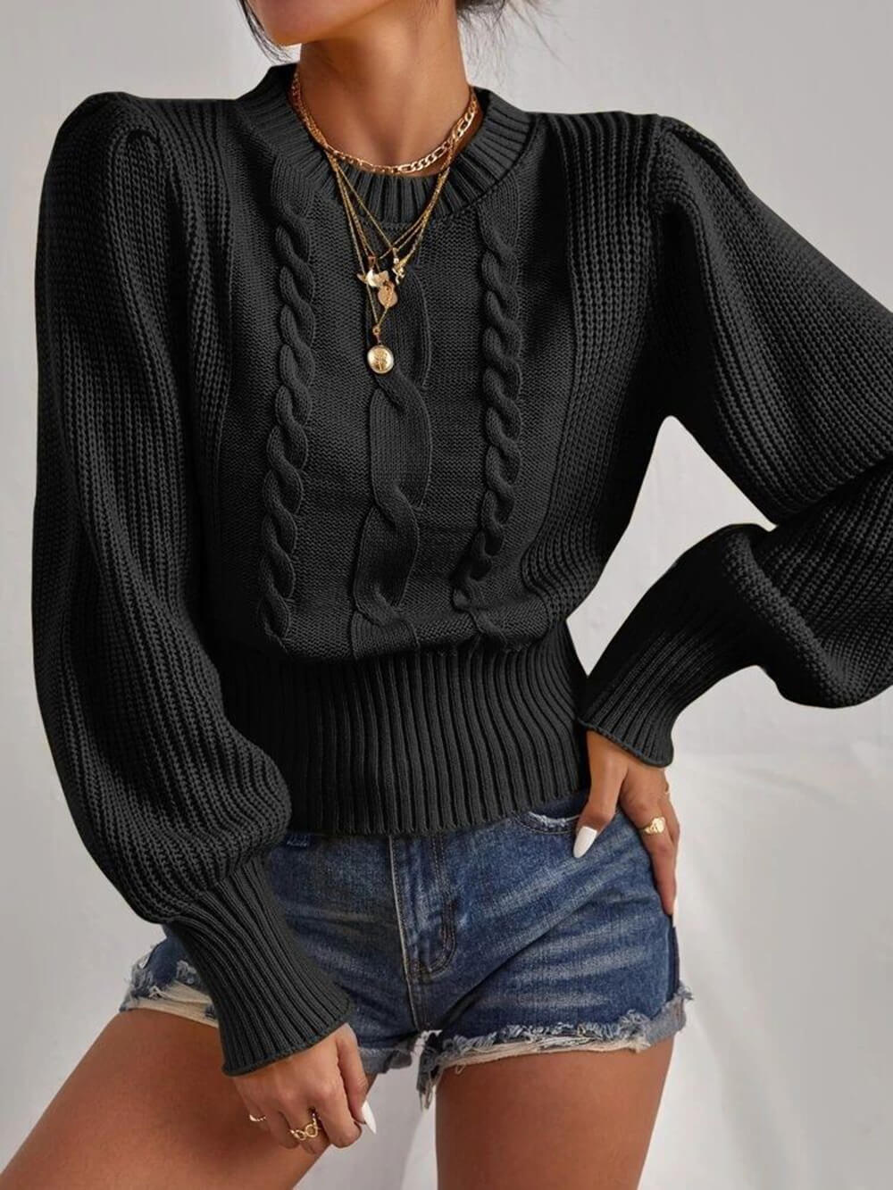 Fashion Solid Color Cable Knit Balloon Sleeve Crewneck Sweater