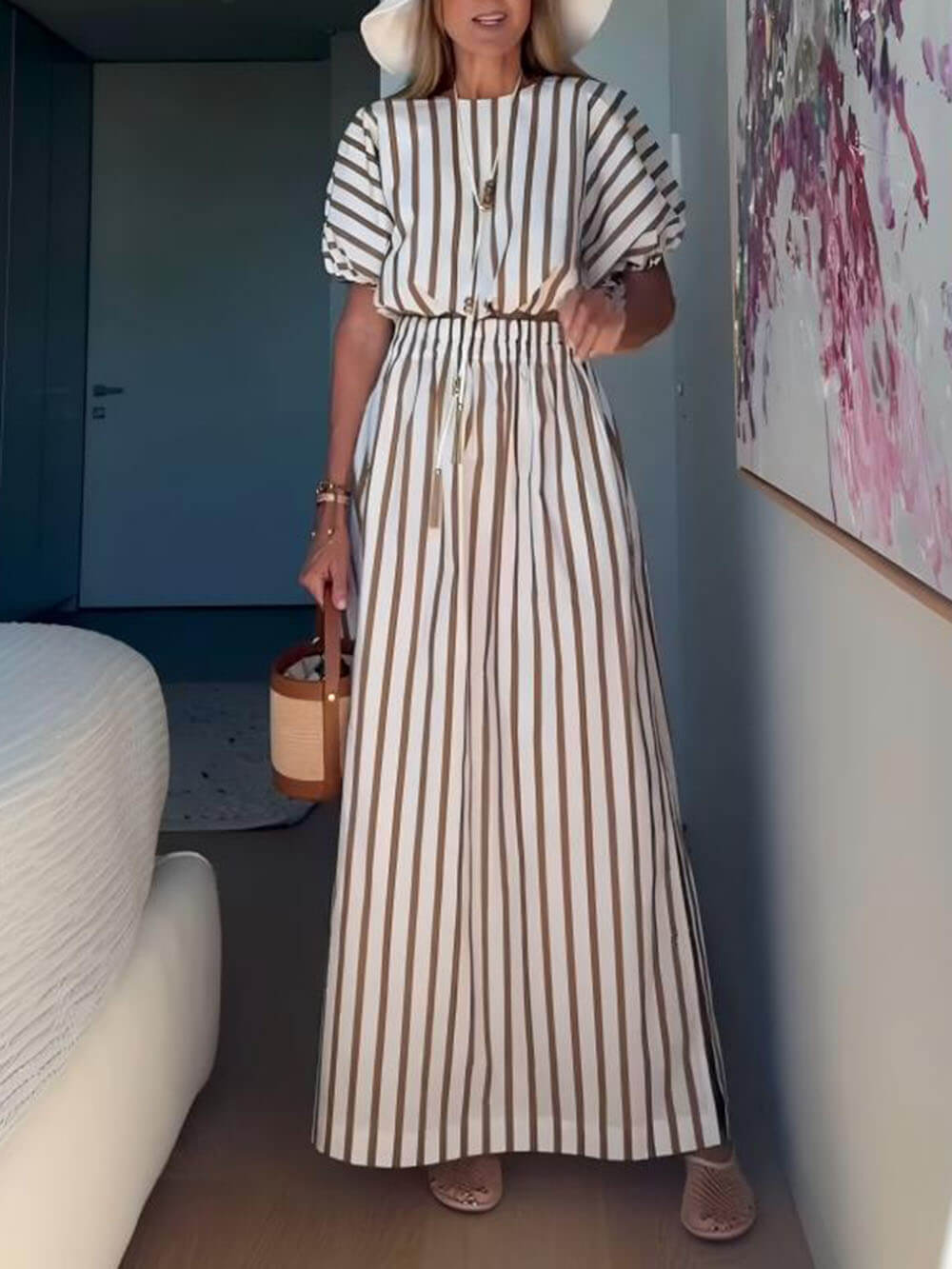 Exquisite Unique Striped Print Elastic Waist Slit Pocket Maxi Skirt