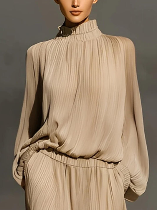 Modern Casual Chiffon High-Neck Ruffled Loose Top