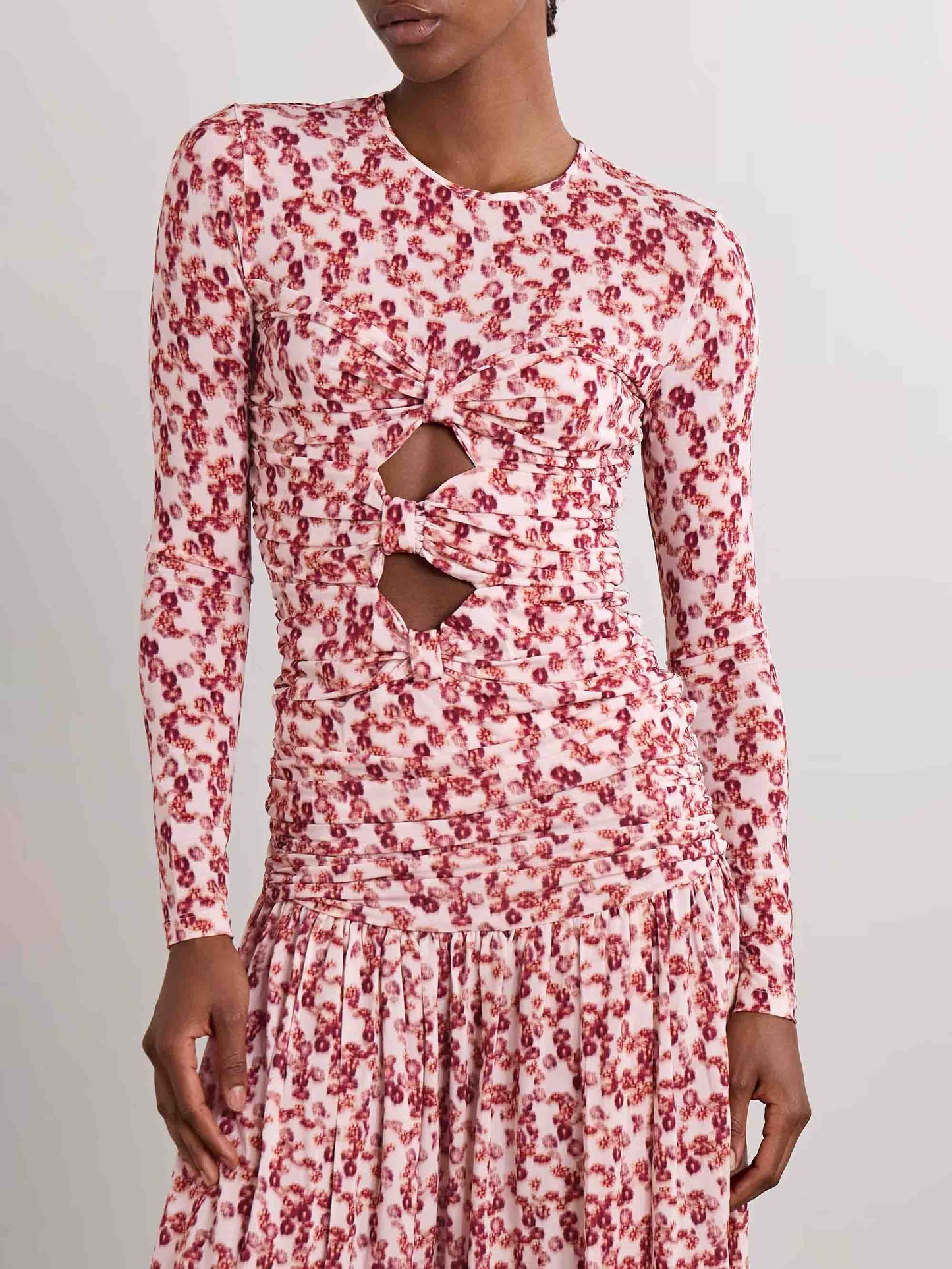 Exquisite Pleated Openwork Floral Print Stretch Knit T-shirt