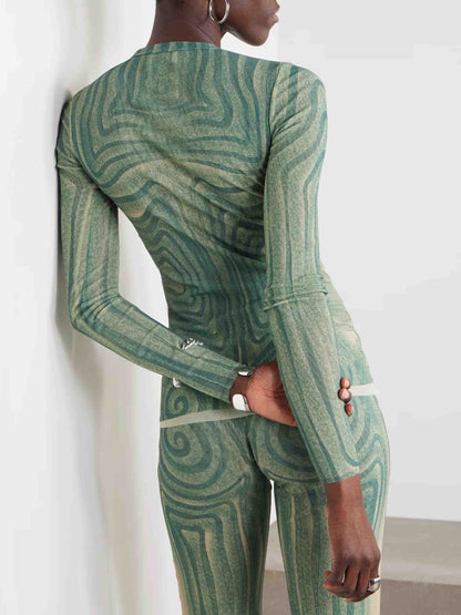 Artistic Abstract Print Sheer Knit Long-Sleeve Top