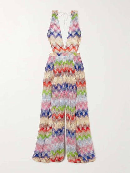 Casual Stripe Print Metallic Crochet Jumpsuit
