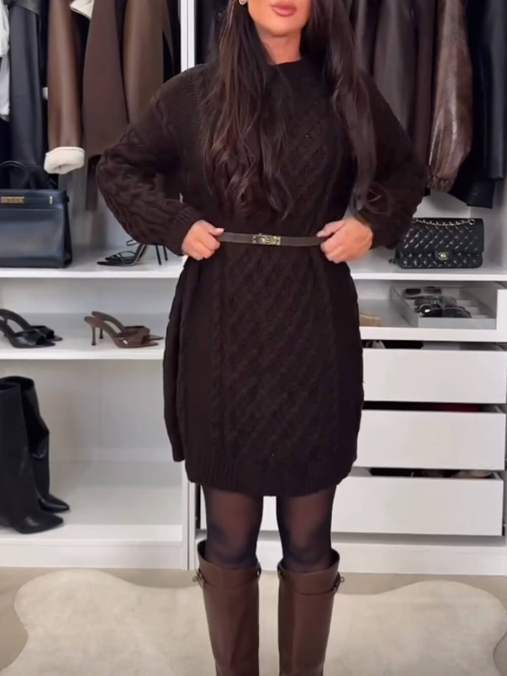 Casual Fashion Cable Knit Long Sleeve Sweater Mini Dress