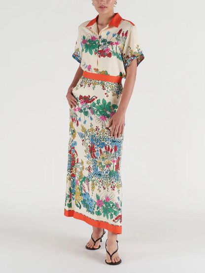 Exquisite Botanical Print Contrast Trim Shirt