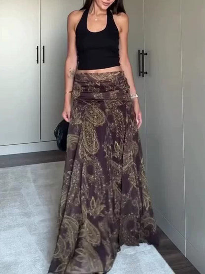 Exquisite Vintage Paisley Print Pleated Skirt