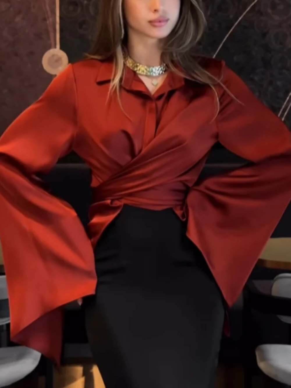 Fashion Satin High Rise Elastic Waist Flare Maxi Skirt