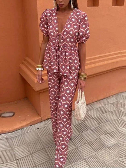 Casual Floral Print Lace-Up V-Neck Top