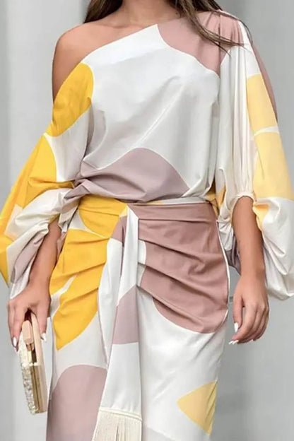 Fashionable Elegant Printed Tassel-Trim Midi Skirt