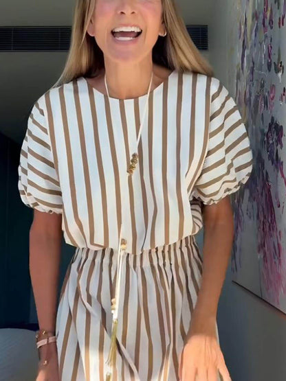 Exquisite Unique Striped Print Elastic Waist Slit Pocket Maxi Skirt