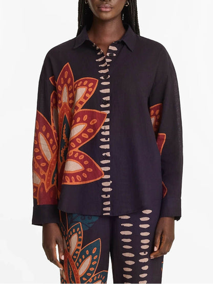 Exquisite Floral Print Linen Button-Down Loose Top