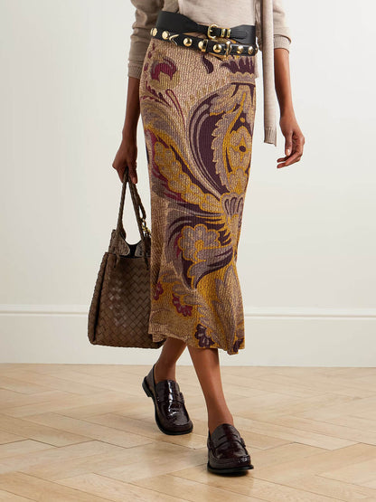 Fashion Paisley Print Gradient Knit Midi Skirt