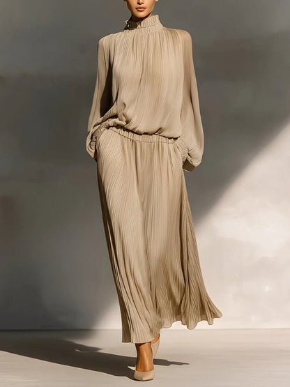 Modern Casual Chiffon Pleated Elastic Waist Pocket Skirt