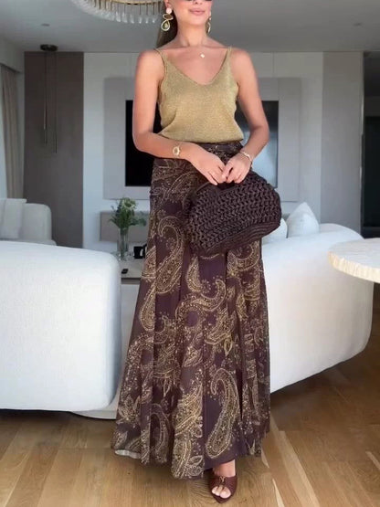 Exquisite Vintage Paisley Print Pleated Skirt