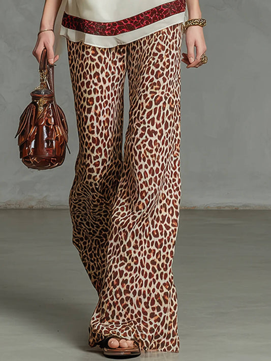Fashion Leopard Print Elastic Waist Wide-Leg Pants