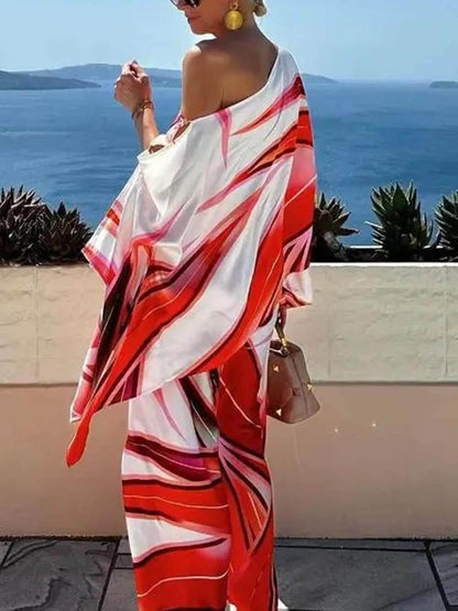 Exquisite Printed Elastic Waist Pocket Straight-Leg Pants