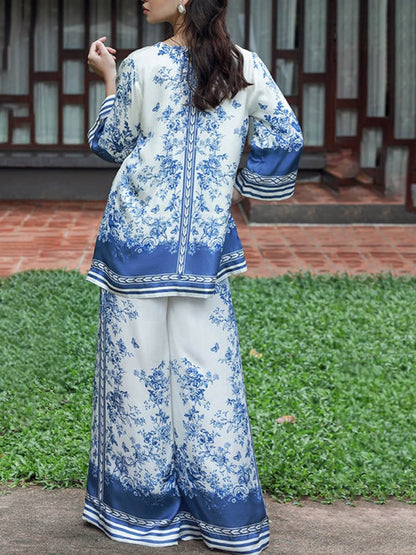 Classic Floral Print Patchwork Collared Loose Shirt