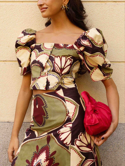 Elegant Retro Floral High-Waist A-Line Midi Skirt