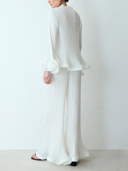 Elegant Ruffled Pleated Wide-Leg Pants