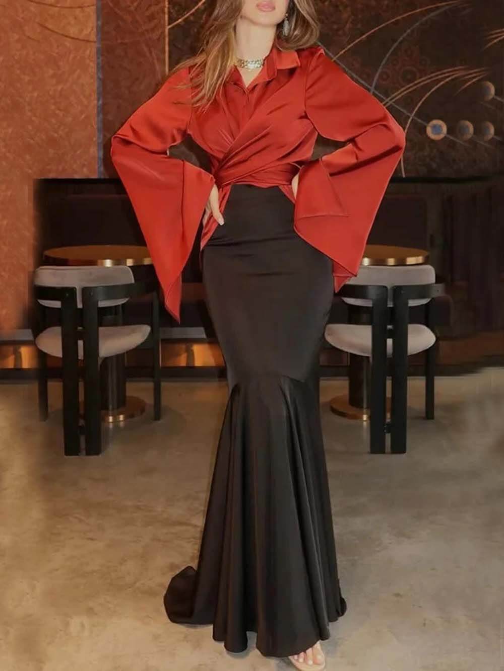 Fashion Satin High Rise Elastic Waist Flare Maxi Skirt