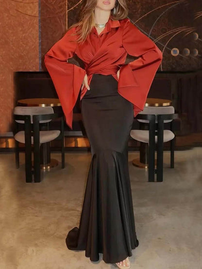 Fashion Satin High Rise Elastic Waist Flare Maxi Skirt