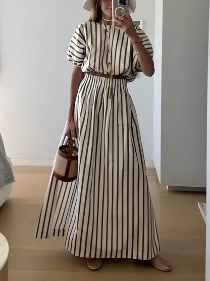 Exquisite Unique Striped Print Elastic Waist Slit Pocket Maxi Skirt