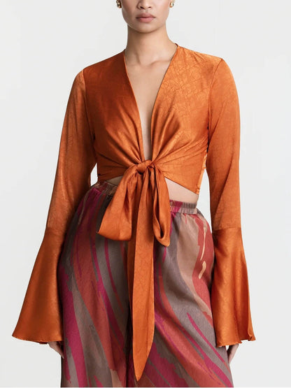 Casual Bell-Sleeve Wrap-Up Tie-Down Top