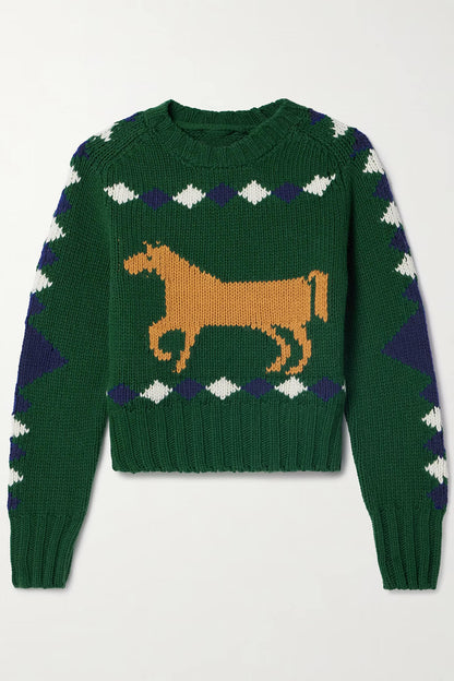 Retro Horse Diamond Pattern Crew Neck Sweater