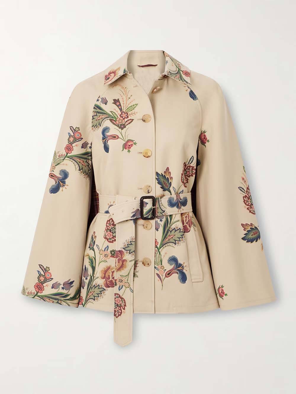Retro Cape-Effect Belted Print Twill Jacket
