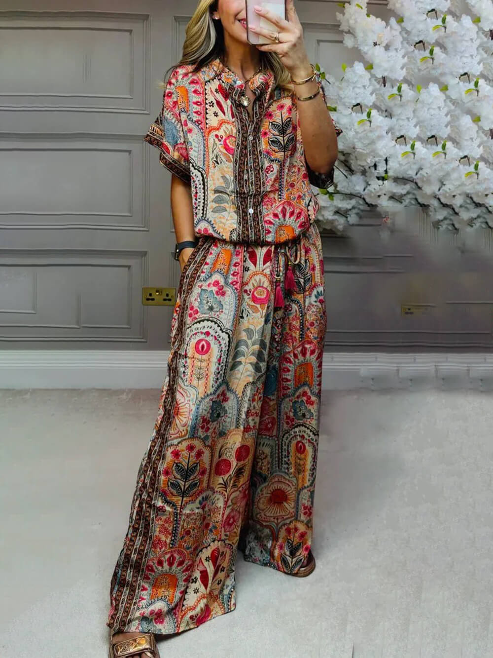 Boho Printed Fringe-Accented Loose Blouse