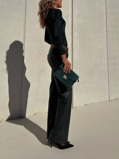 Casual Draped High-Rise Straight-Leg Leather Pants