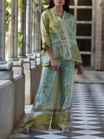 Casual Unique Digital Print Loose Elastic Waist Pocket Wide Leg Pants