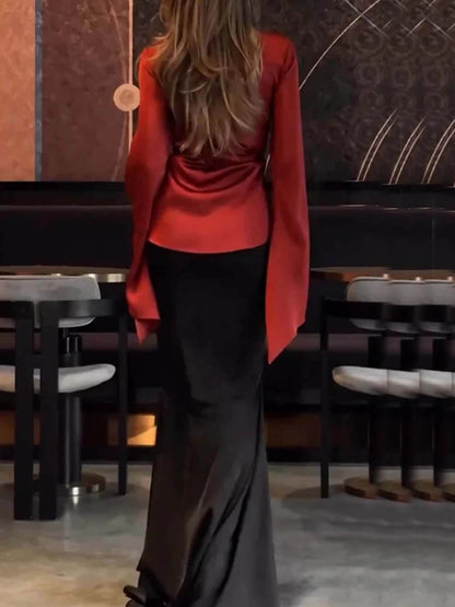 Fashion Satin High Rise Elastic Waist Flare Maxi Skirt