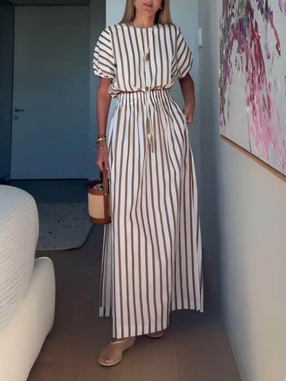 Exquisite Unique Striped Print Elastic Waist Slit Pocket Maxi Skirt