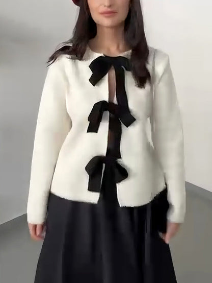 Elegant Bow-Embellished Knit Cardigan