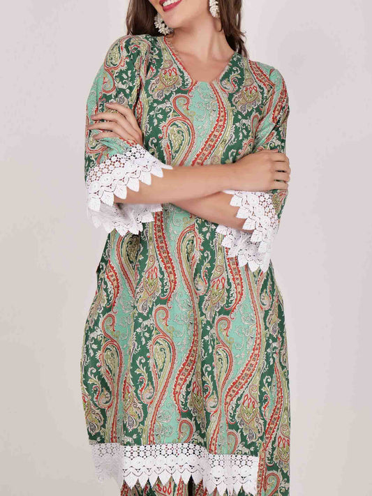 Elegant Paisley Print Lace-trimmed Long Shirt