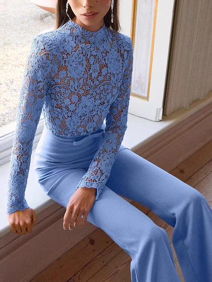 Elegant Party Charmer Flower Lace Patchwork Long Sleeve Bow Belted Flare Jumpsuit