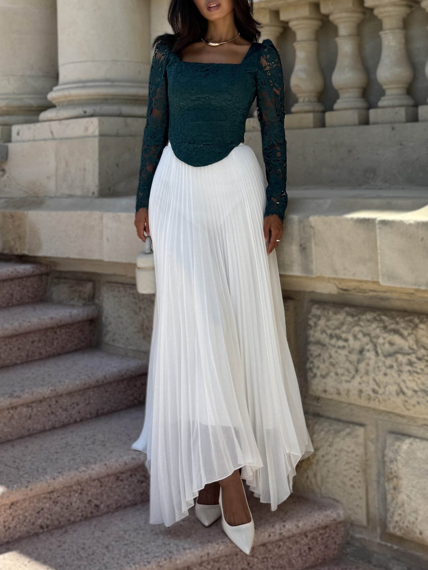 Elegant Lace Square-Neck Long-Sleeved Top