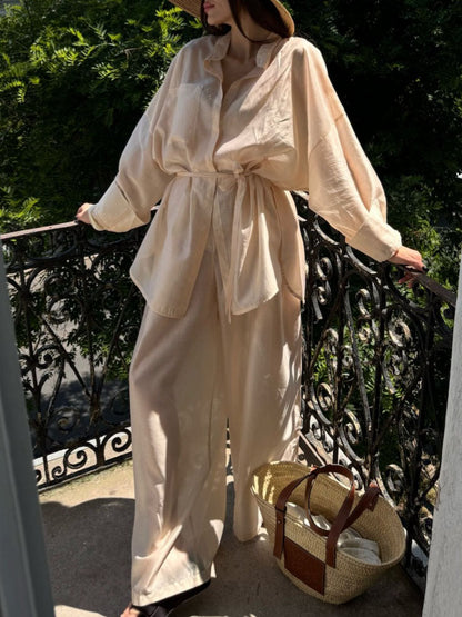 Elegant Belted Sheer Long-Sleeved Shirt