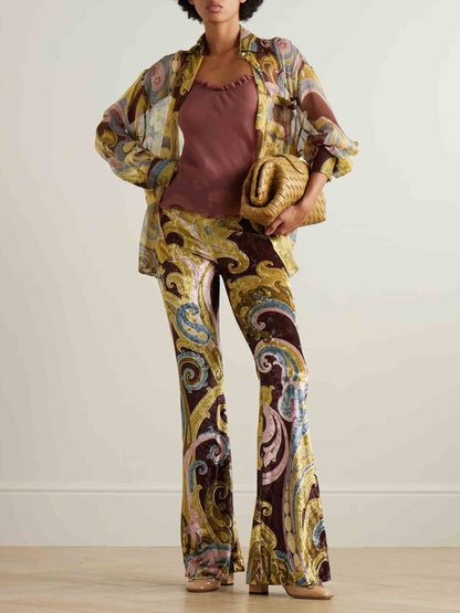 Exquisite Vintage Plley Print Chiffon Shirt