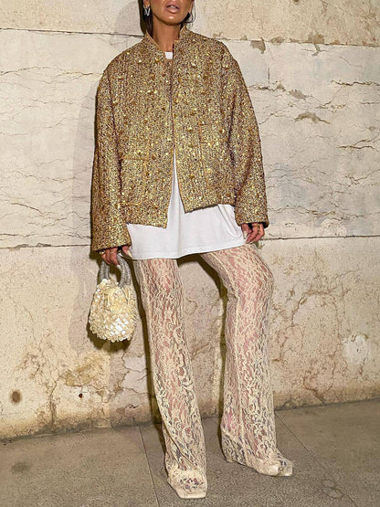 Retro Sequin Zip-Up Long Sleeve Jacket