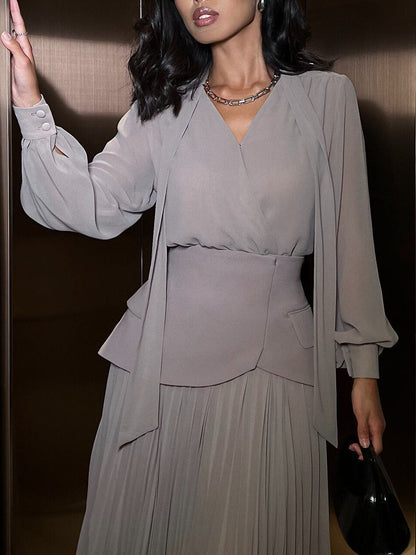 Elegant Tie-Neck Long-Sleeve Blouse