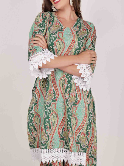 Elegant Paisley Print Lace-trimmed Wide-leg Pants