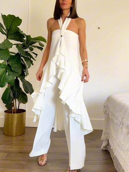 Casual Ruched Halterneck Backless Ruffle Top