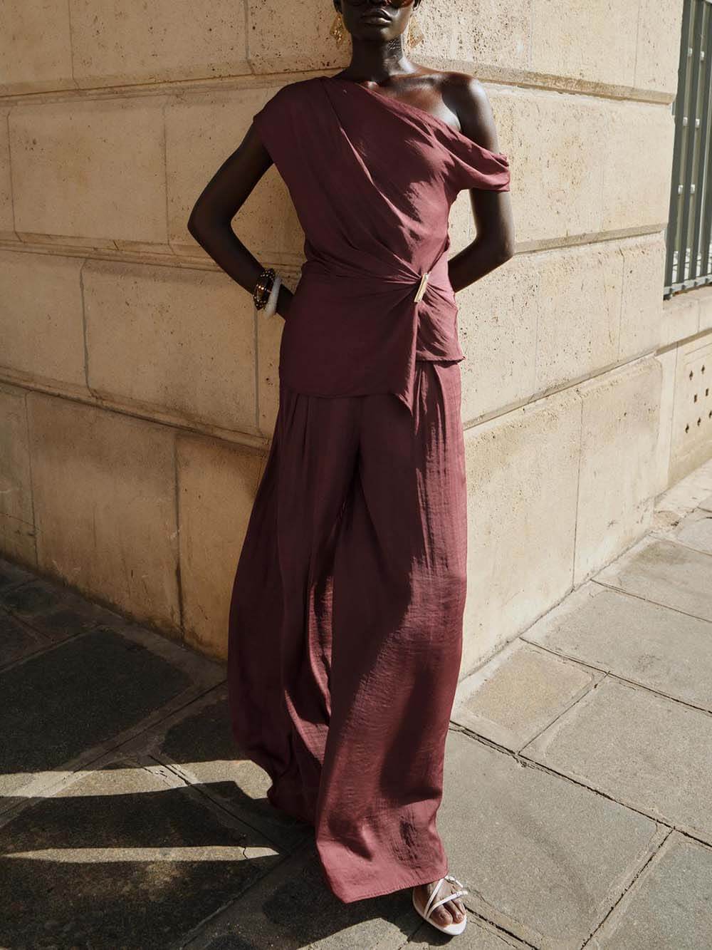 Casual Ruched High-Waist Wide-Leg Pants