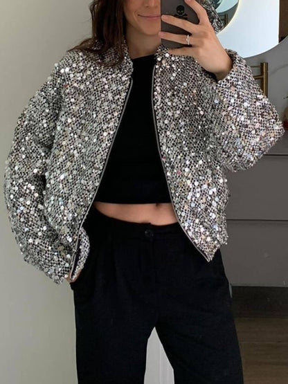 Retro Sequin Zip-Up Long Sleeve Jacket