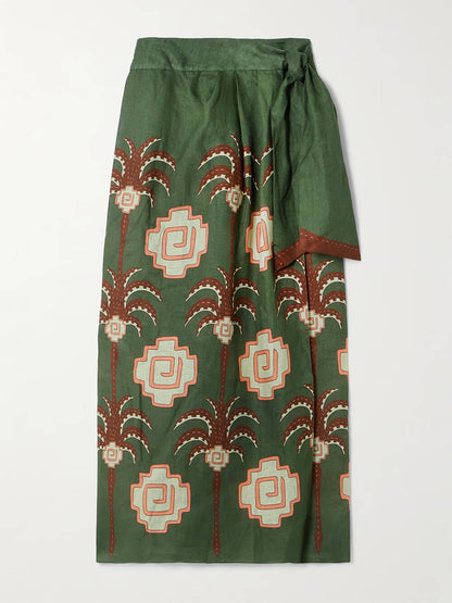 Retro Palm Tree Print Linen Wrap Midi Skirt