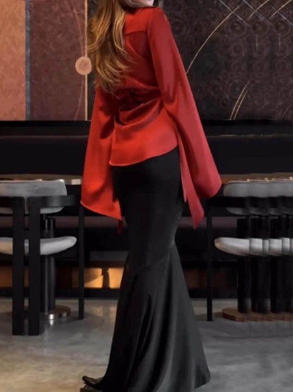 Fashion Satin Button Front Center Cross Straps Long Bell Sleeve Shirt